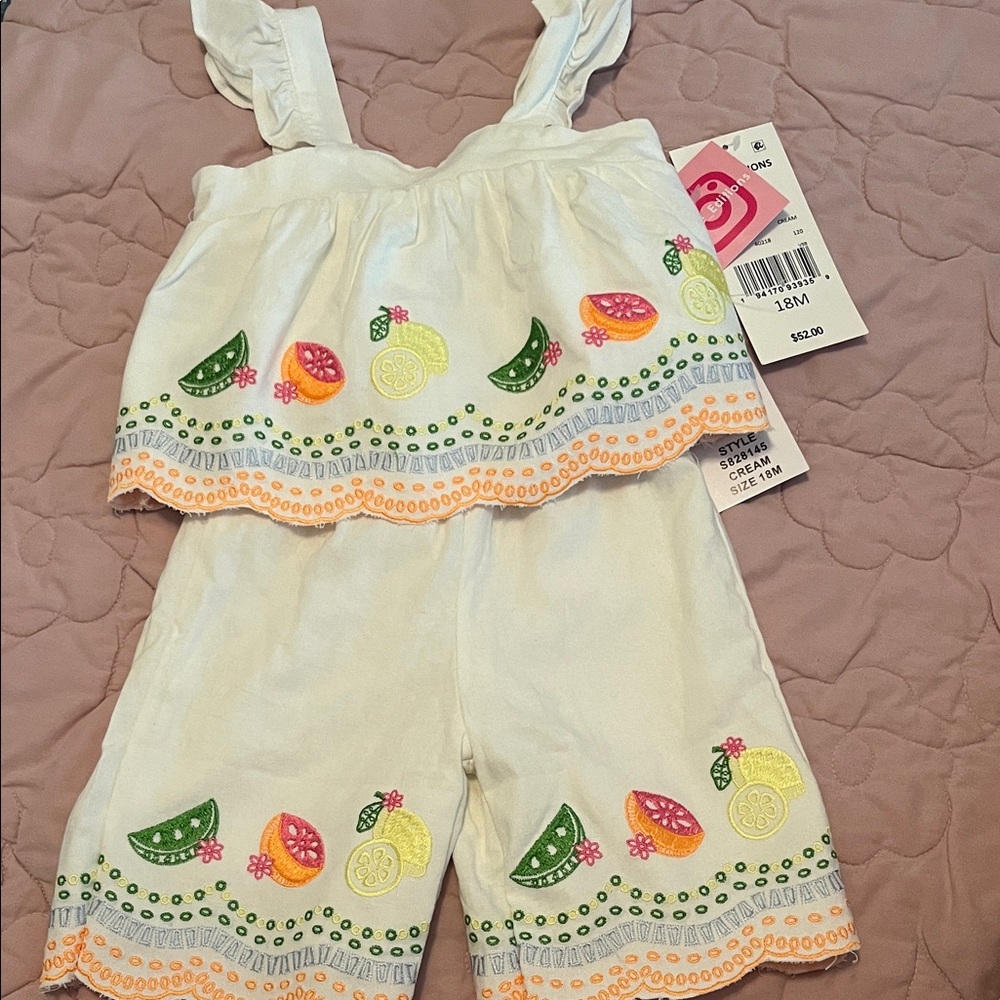 Rare Editions  Bone White and Multicolor Fruit Embroidered Kids Set
